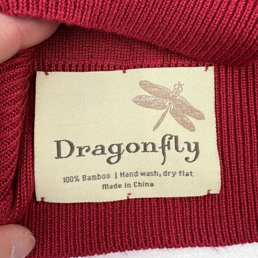 Dragonfly Red Knit Bamboo Scarf Wear 6 Different Ways Buttons Birch Wood Trading